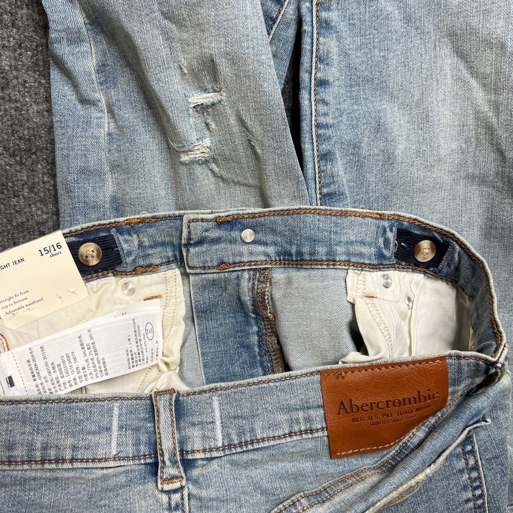 NWT Abercrombie Kids Straight Jeans Size 15/16 Short Light Wash Distressed‎ Blue - Picture 6 of 15